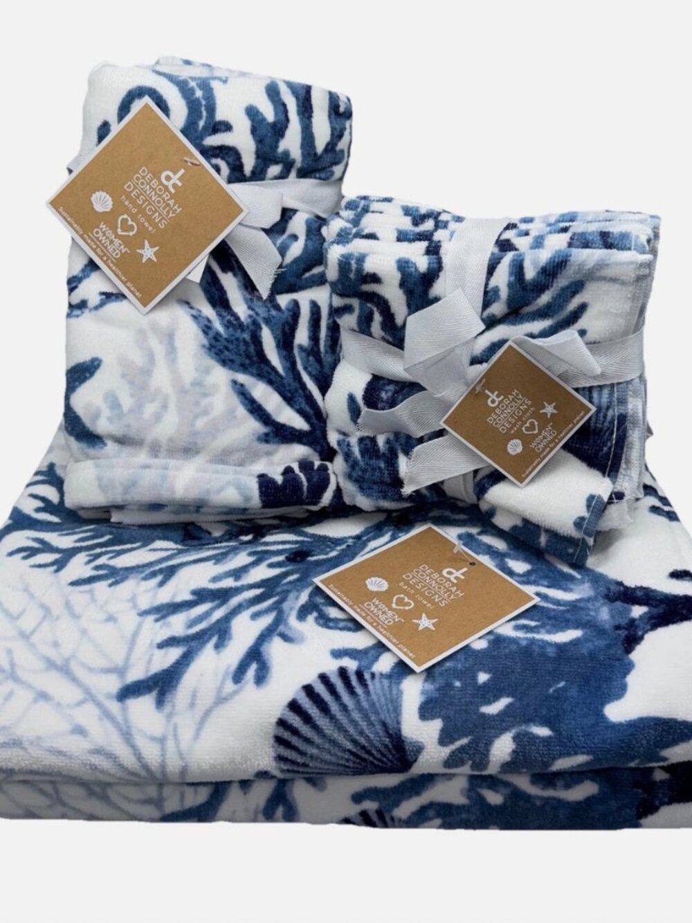 8pc Deborah Connolly Bath Hand Towel Washcloth Set Coral Starfish Shell Seahorse